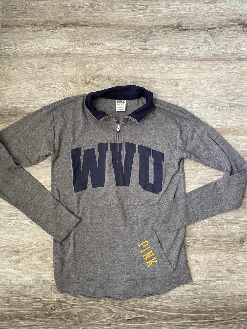 PINK Victoria's Secret Gray and Navy WVU Quarter-Zip Pullover